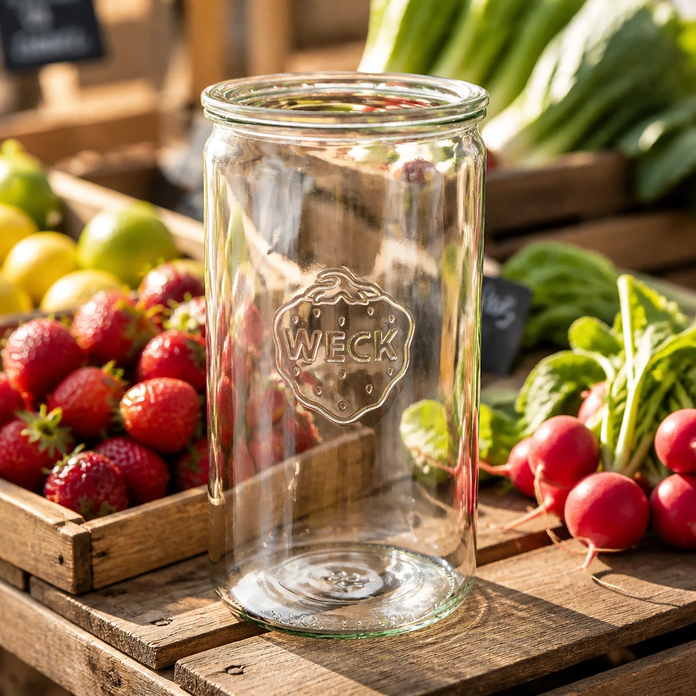 Tarro cilíndrico de 1590ml con tapa de cristal WECK RR100 WECK tarro cilíndrico 1590ml RR100 sobre caja de madera con rábanos frescas fresas y verduras en entorno natural