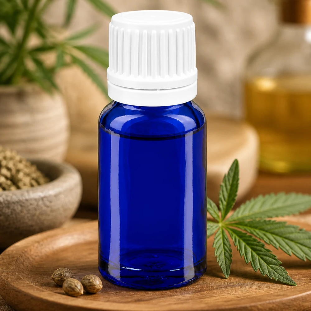 Práctico frasco cuentagotas de 10 ml en elegante azul cobalto para aplicaciones de aromaterapia