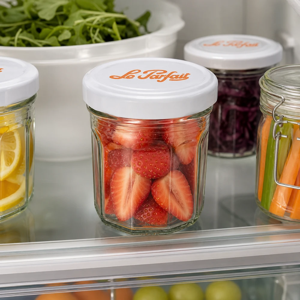 Le Parfait® Mini‑Jam 44 ml Ø48 mm tarro Le Parfait Mini-Sturzgläser 44ml mit frischen Erdbeeren im Kühlschrank - praktische Aufbewahrung für Früchte