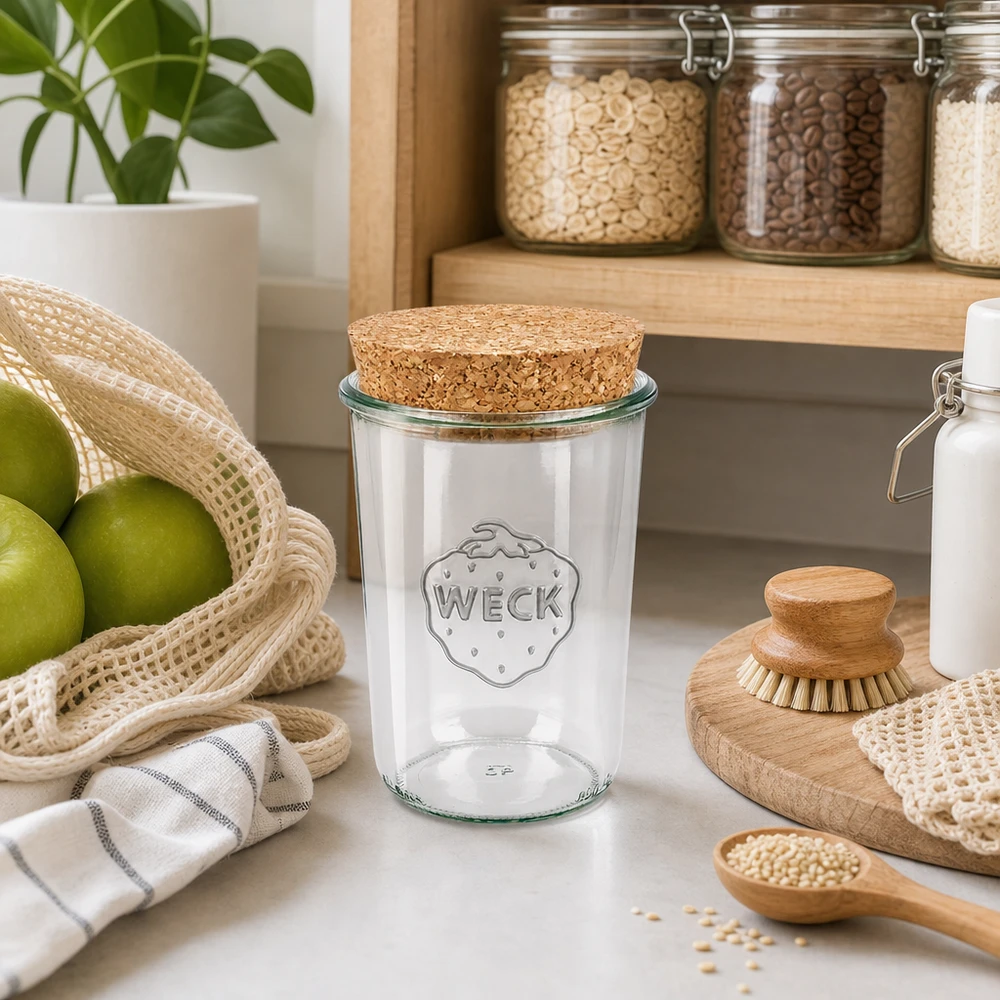 Vasos WECK 850ml RR100 con tapa de corcho en cocina sostenible junto a tarros de almacenaje de fruta y utensilios de madera