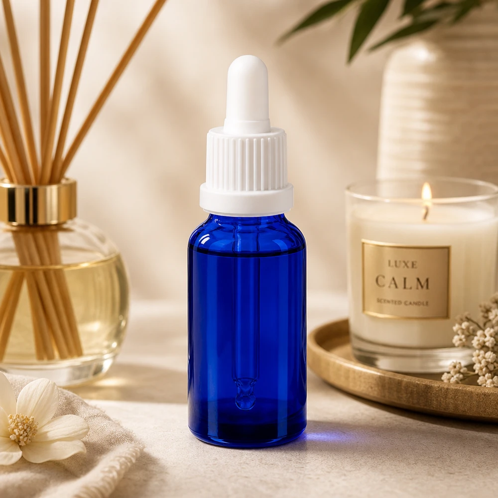Frasco pipeta 20ml cierre inviolable blanco BlueLine UT18/20 Frasco de vidrio de alta calidad de 20 ml con pipeta cuentagotas en azul intenso para sueros y tinturas