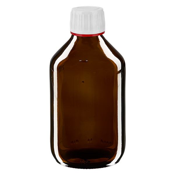 Frasco medicamento 250ml marrón, tapón blanco con precinto rojo ApoGlas