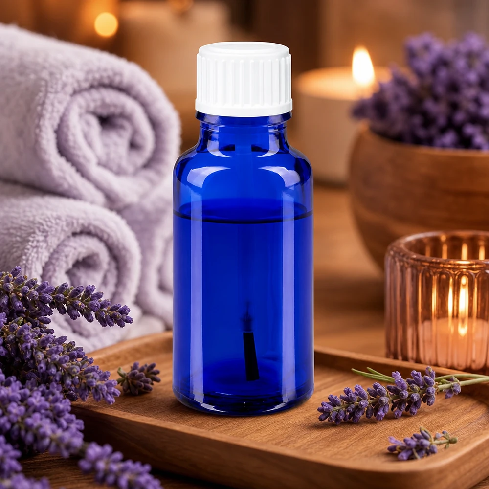 Botella de farmacia azul 20ml tapón rosca cepillo blanco Frasco de cristal azul de 20 ml con tapón blanco sobre una bandeja de madera decorada con lavanda