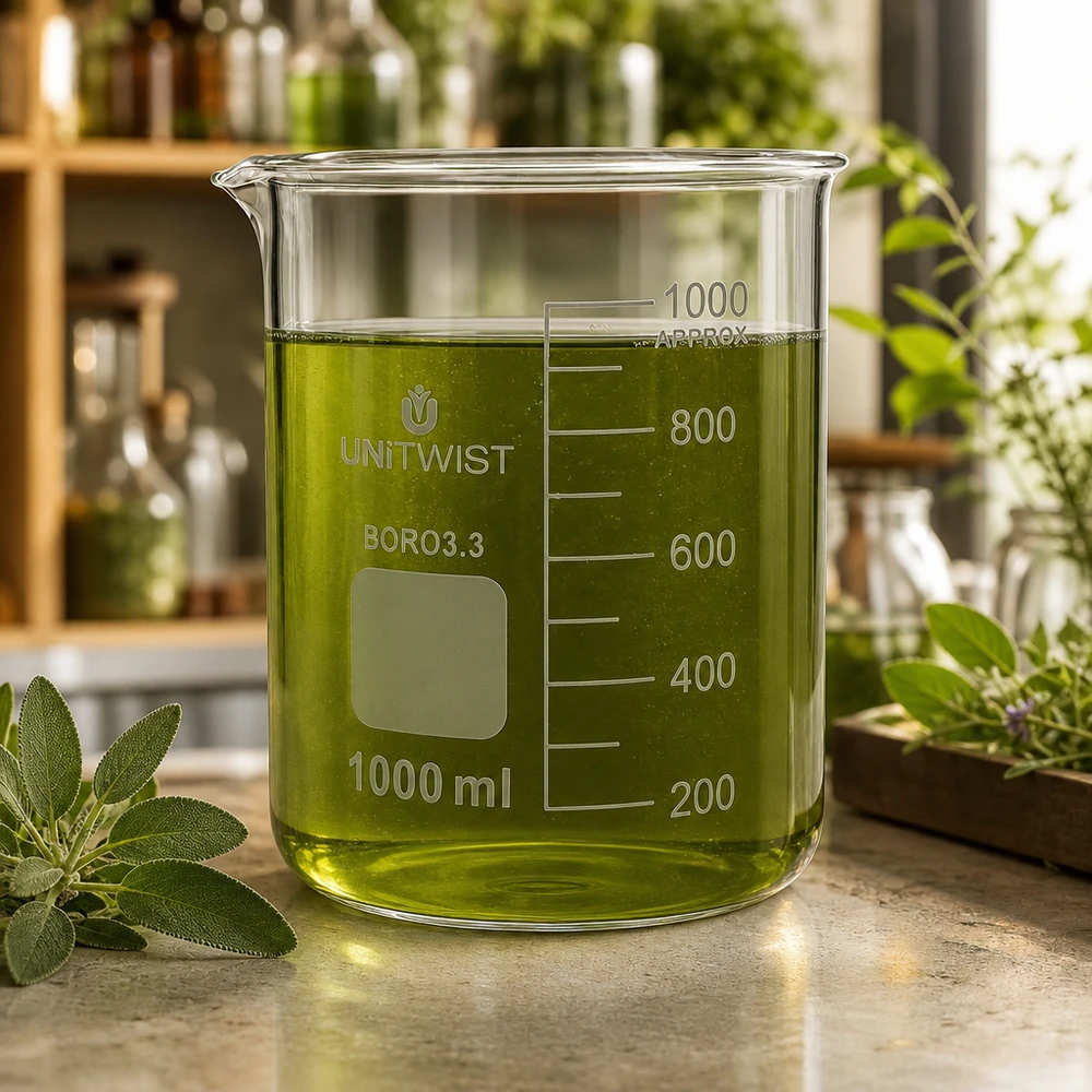 Vaso 1000ml borosilicato, molde bajo UNiTWIST Vaso de vidrio UNiTWIST de 1000 ml, de borosilicato, de forma baja, con extracto de hierbas verde rodeado de hierbas frescas