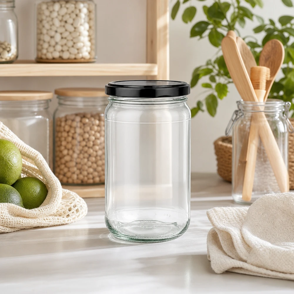 Tarro redondo de 305ml con tapa BasicSeal negra UNiTWIST 305ml Rundglas UNiTWIST mit schwarzem Deckel in moderner Zero-Waste Küche neben Holzutensilien und Limetten