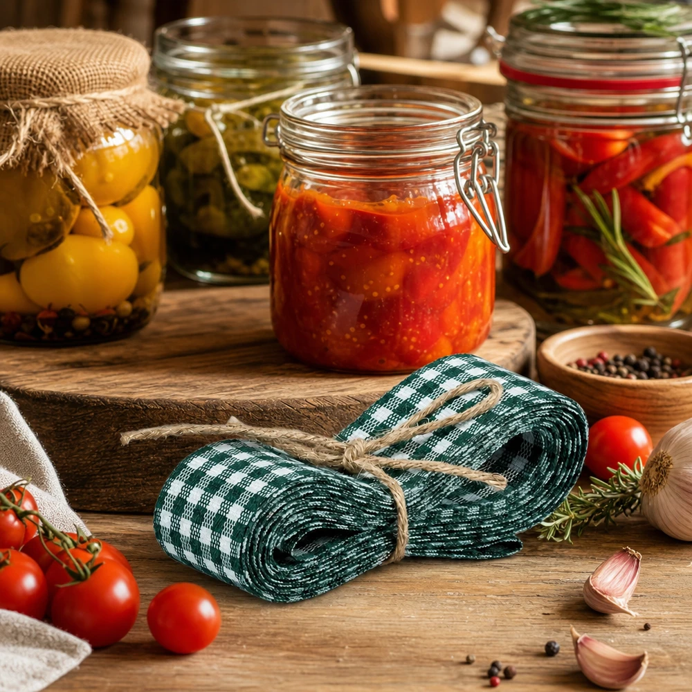 Cinta de tela verde y blanca para decorar, 300 cm Cinta decorativa verde y blanca de 300 cm en una cocina rústica con tarros de conserva y tomates frescos como inspiración decorativa