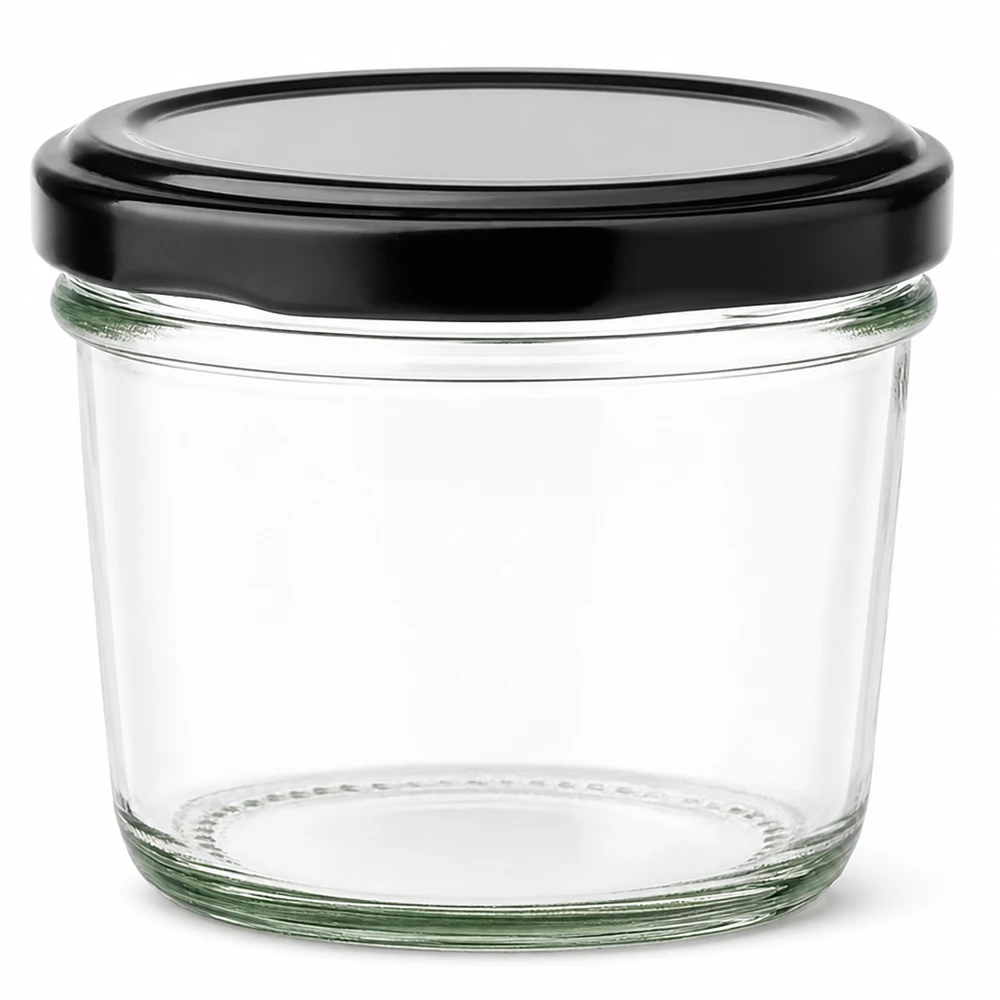 Tarro de cristal transparente de 230 ml con tapa negra BasicSeal para mermeladas y conservas