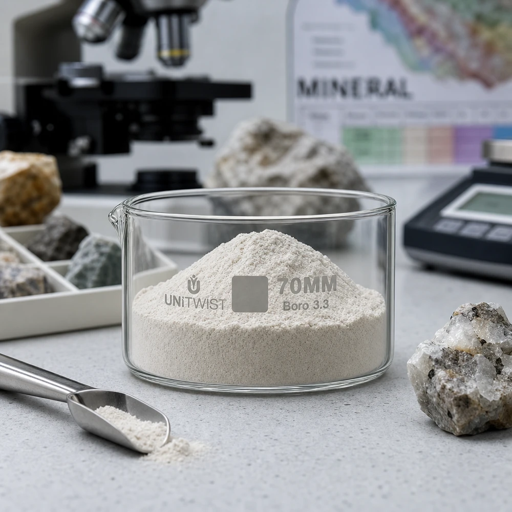 Plato cristalizador ø70mm vidrio borosilicato UNiTWIST Bandeja de cristalización de 70 mm UNiTWIST Boro 3.3 con polvo mineral blanco en el laboratorio de geología