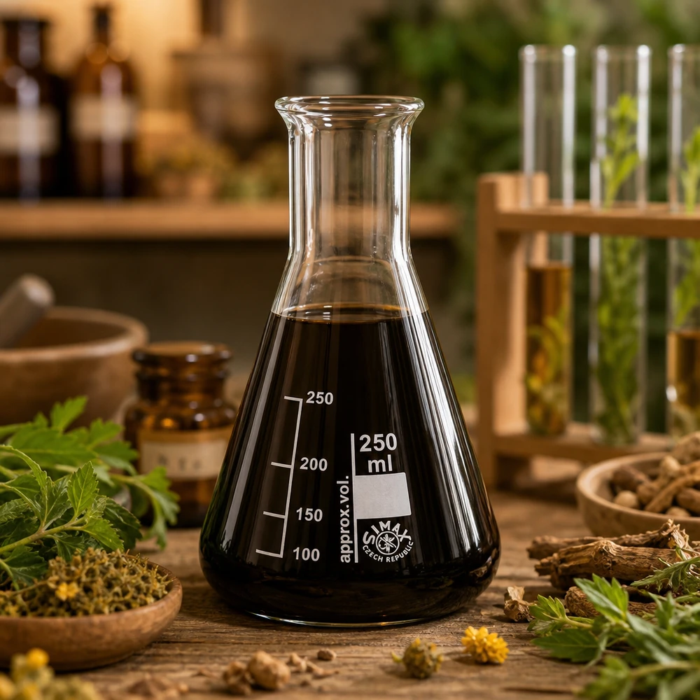 Matraz Erlenmeyer 250ml cuello estrecho Matraz Erlenmeyer resistente al calor 250ml con líquido negro para naturopatía y extractos de hierbas