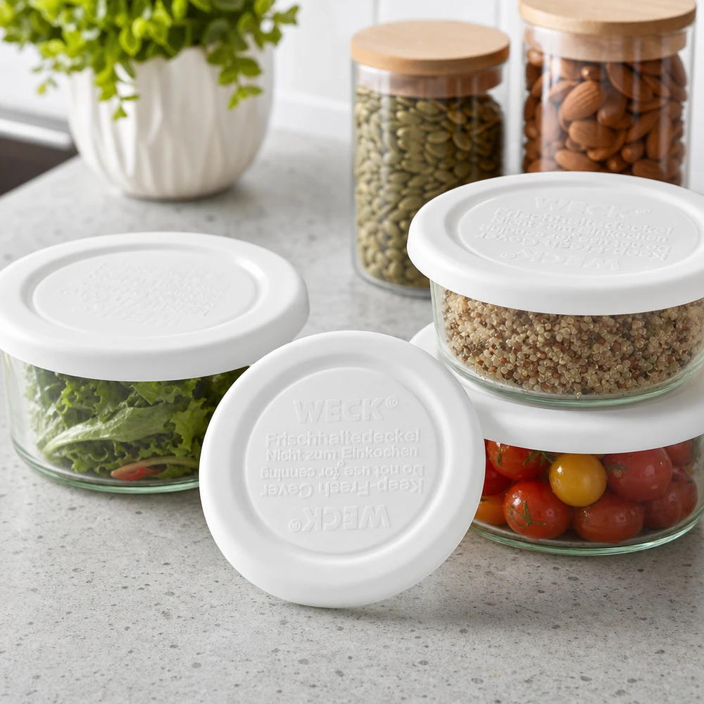 Tapa de conservación WECK RR40 para cuencos de cristal con quinoa, tomates y ensalada - almacenamiento versátil en la cocina