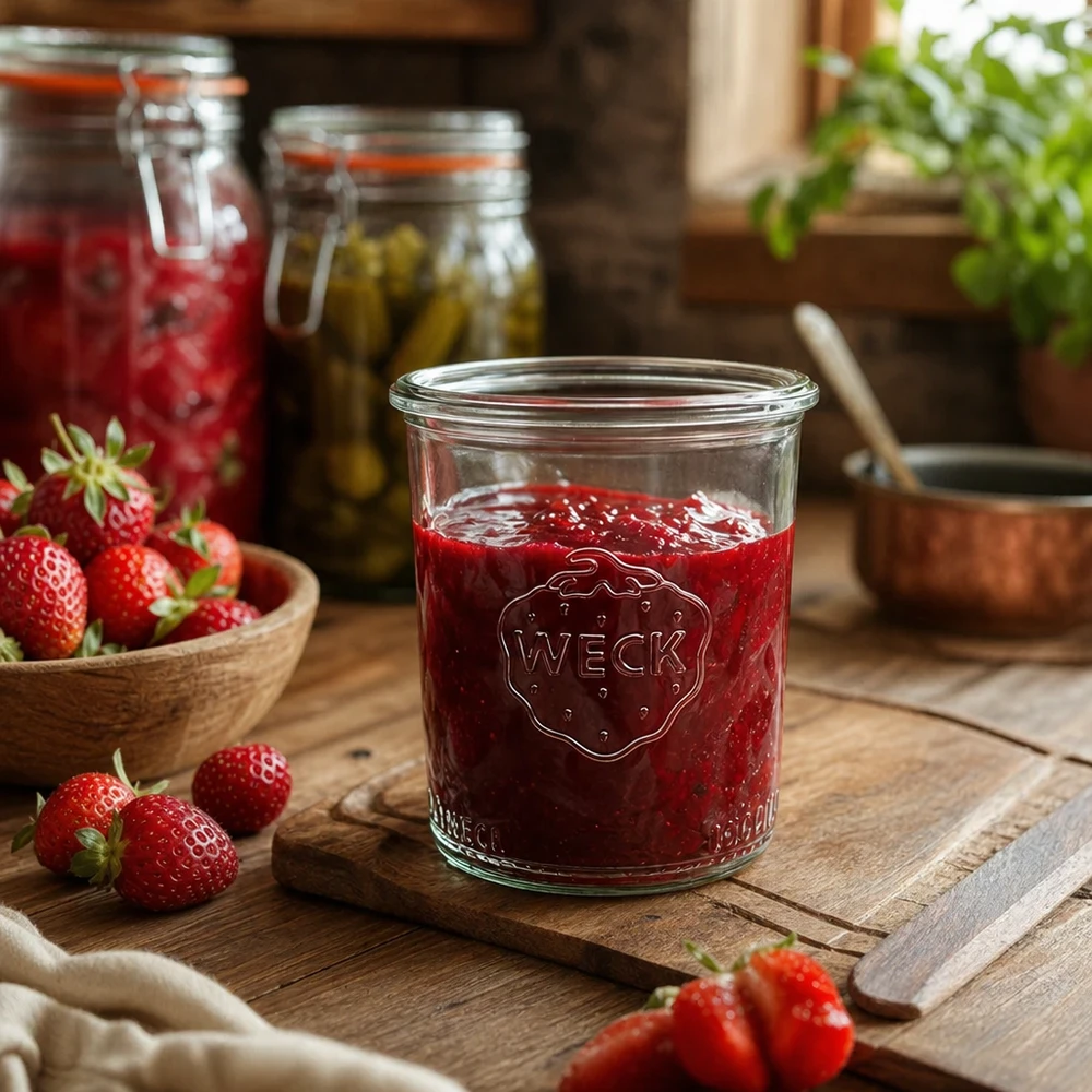 Tarro de conserva de 160ml WECK RR60 Tarro WECK 160ml RR60 lleno de mermelada de fresa sobre una mesa de madera con fresas frescas y tarros de conserva