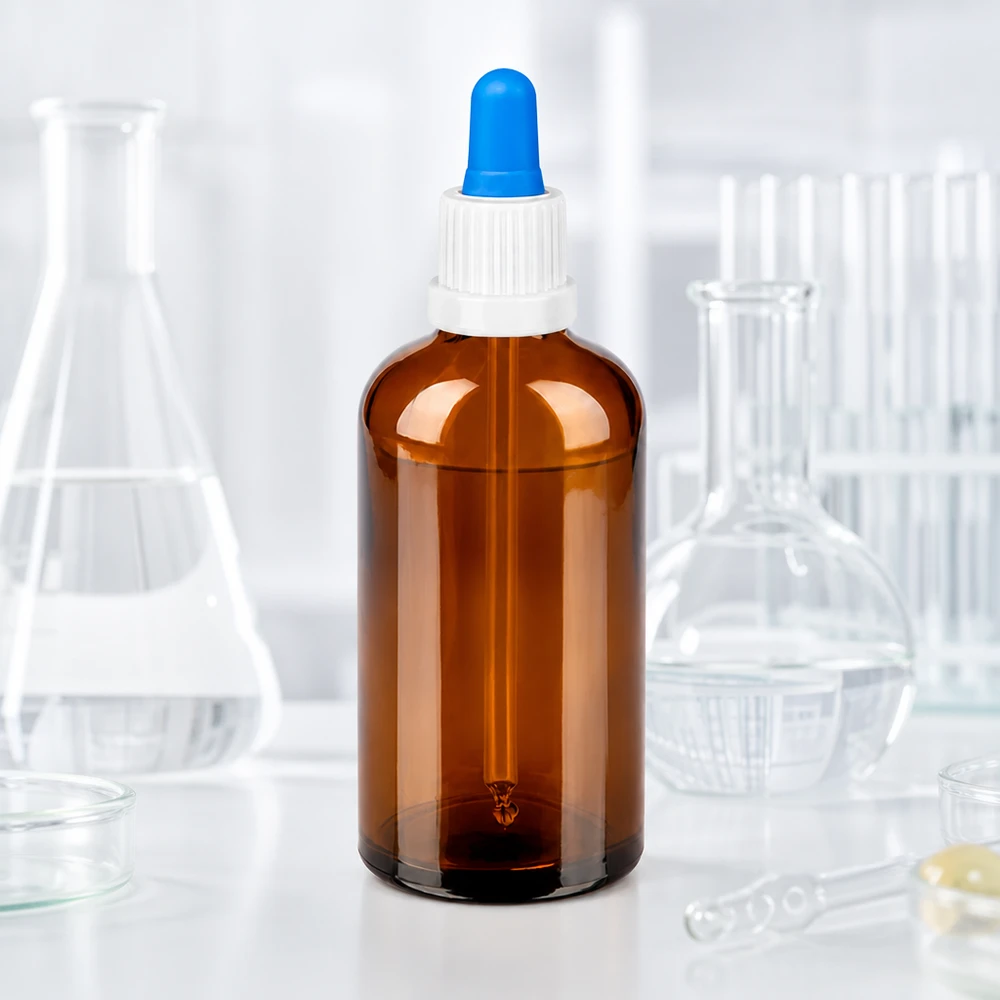 Frasco boticario de vidrio ámbar de 100 ml con pipeta cuentagotas para medir el líquido con precisión