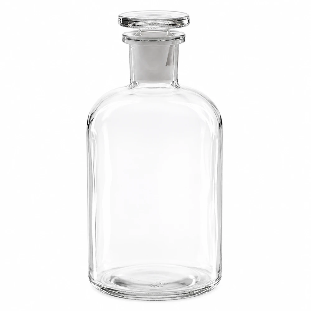 Botella de hombros redondeados de 500 ml, transparente, con tapón de vidrio, fabricada en vidrio borosilicato de alta calidad