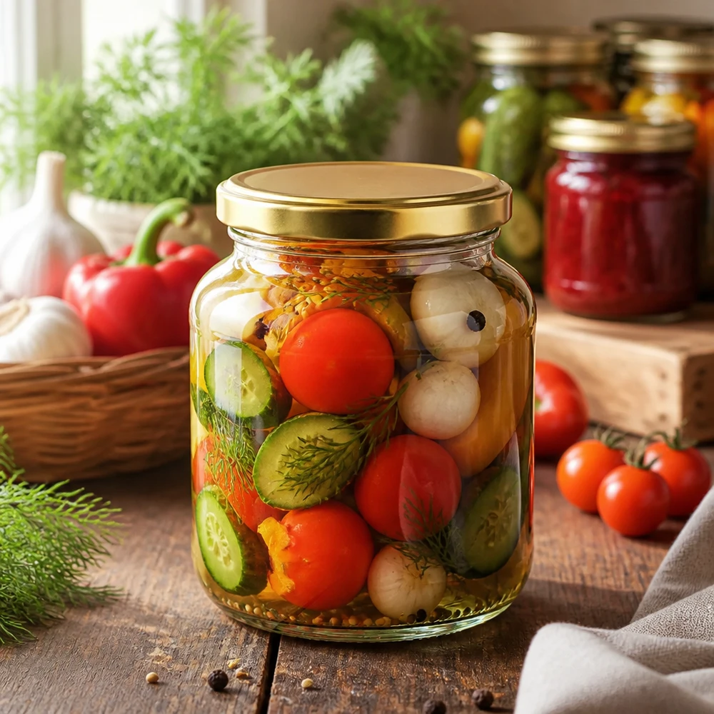 Tarro oval de 370 ml lleno de verduras en escabeche - Tapa BasicSeal oro UNiTWIST para conservar y enlatar