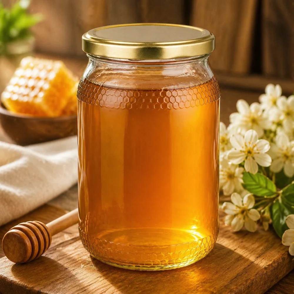 Tarro de 900 ml lleno de miel con tapa dorada UNiTWIST en un ambiente natural con flores y panales