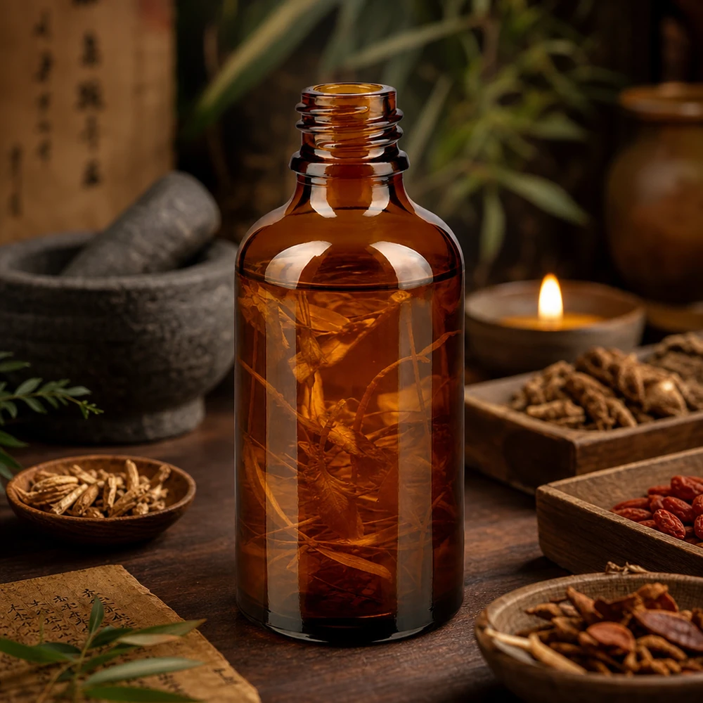 Frasco de farmacia ApoGlas marrón de 50 ml con raíces secas rodeado de hierbas medicinales tradicionales y a la luz de las velas