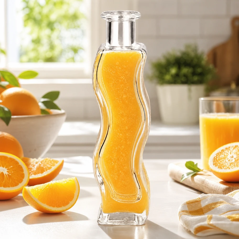 Botella de vidrio de 100 ml «Melissa» sin tapón UNiTWIST® Botella de cristal de 100 ml de Melissa llena de zumo de naranja en una cocina clara rodeada de naranjas frescas y cítricos