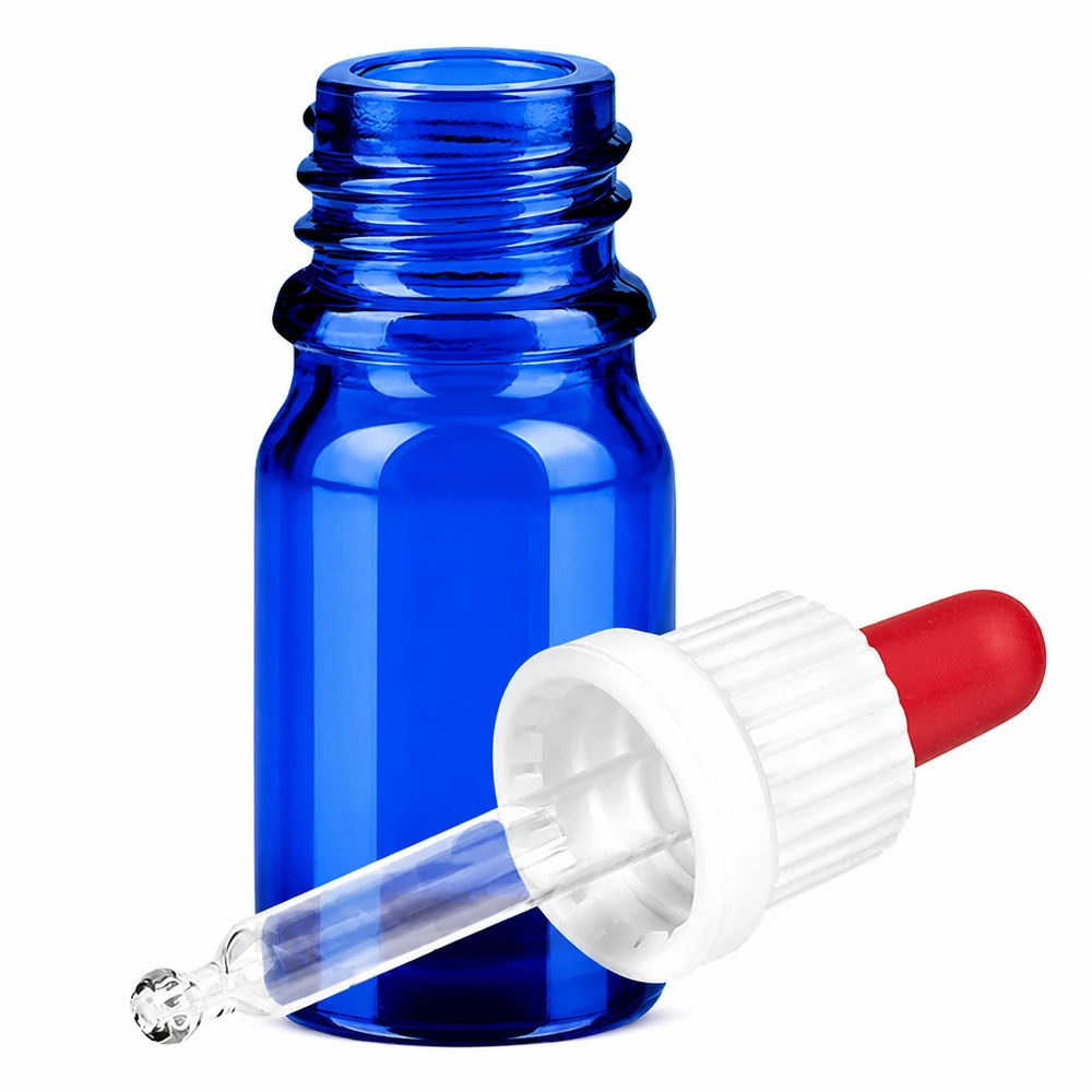 Frasco pipeta 5ml blanco/rojo cierre inviolable BlueLine UT18/5 Frasco pequeño de vidrio azul de 5 ml con pipeta para aceites esenciales y cosméticos BlueLine UT18/5