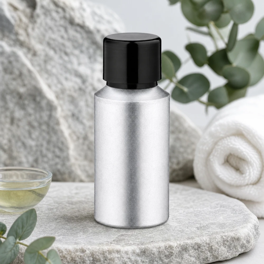 Botella de aluminio de 30 ml de alta calidad con superficie teñida y tapón de rosca negro hermético