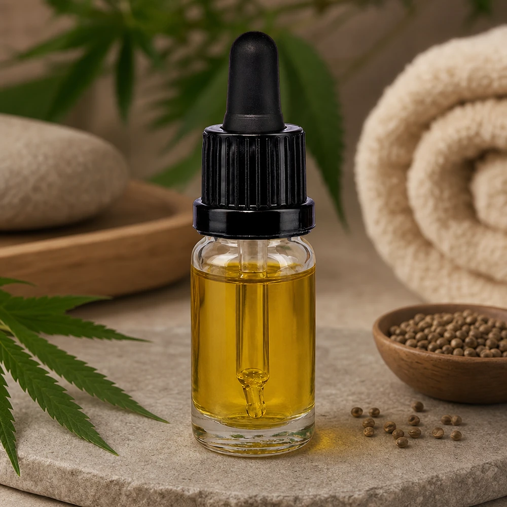 Frasco de cristal transparente de 10 ml con tapón cuentagotas negro y hoja de cáñamo para aceite de CBD