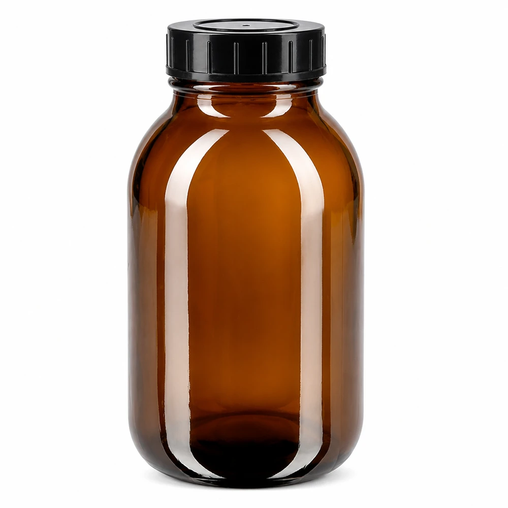 Botella ámbar de 500ml con tapón de rosca Botella de cuello ancho de 500 ml de vidrio ámbar con tapón de rosca negro para un almacenamiento óptimo