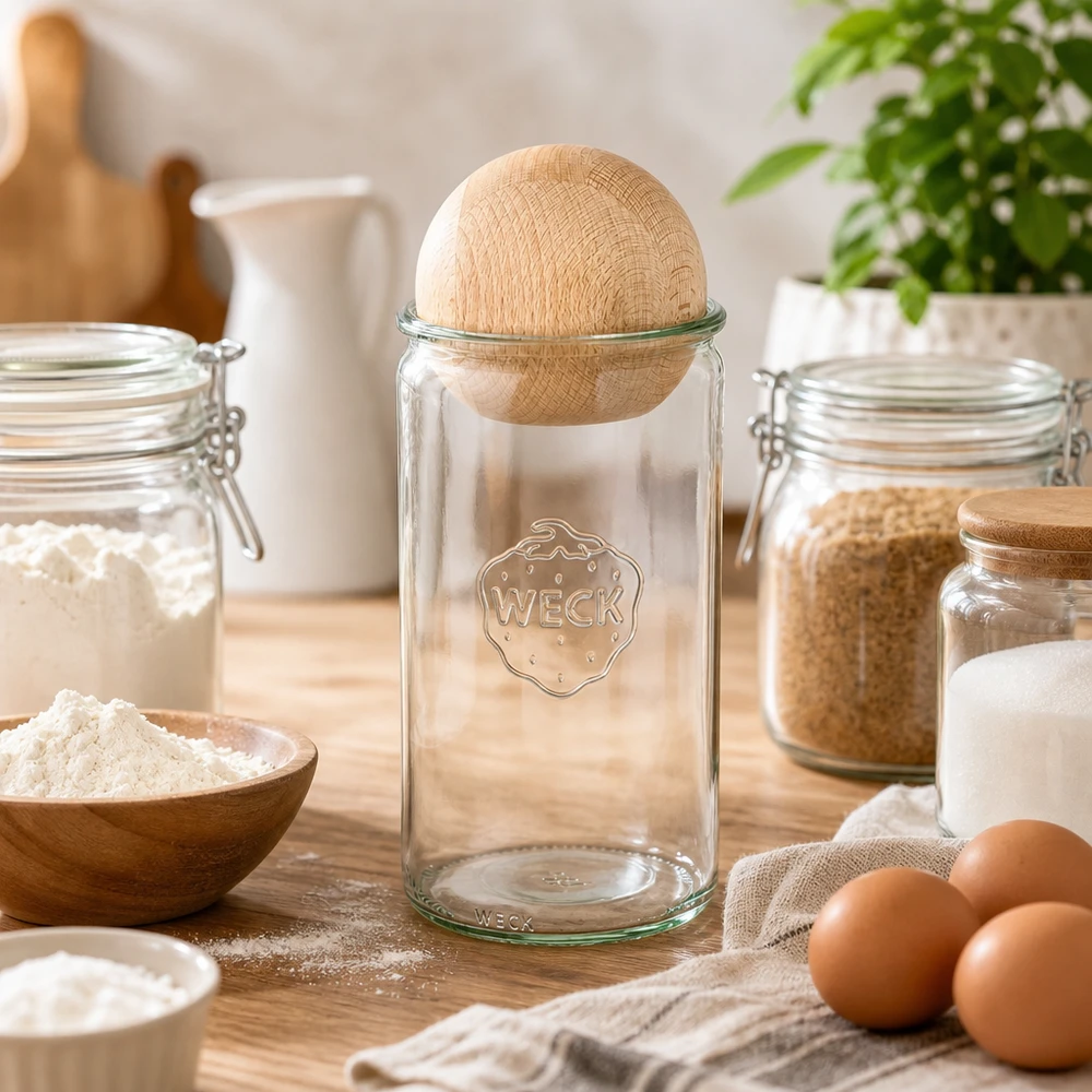 Vaso cilíndrico de 1590ml WECK RR100 con bola de madera de haya WECK tarro cilíndrico 1590ml RR100 con bola de madera de haya en cocina de panadería con harina, huevos e ingredientes de panadería