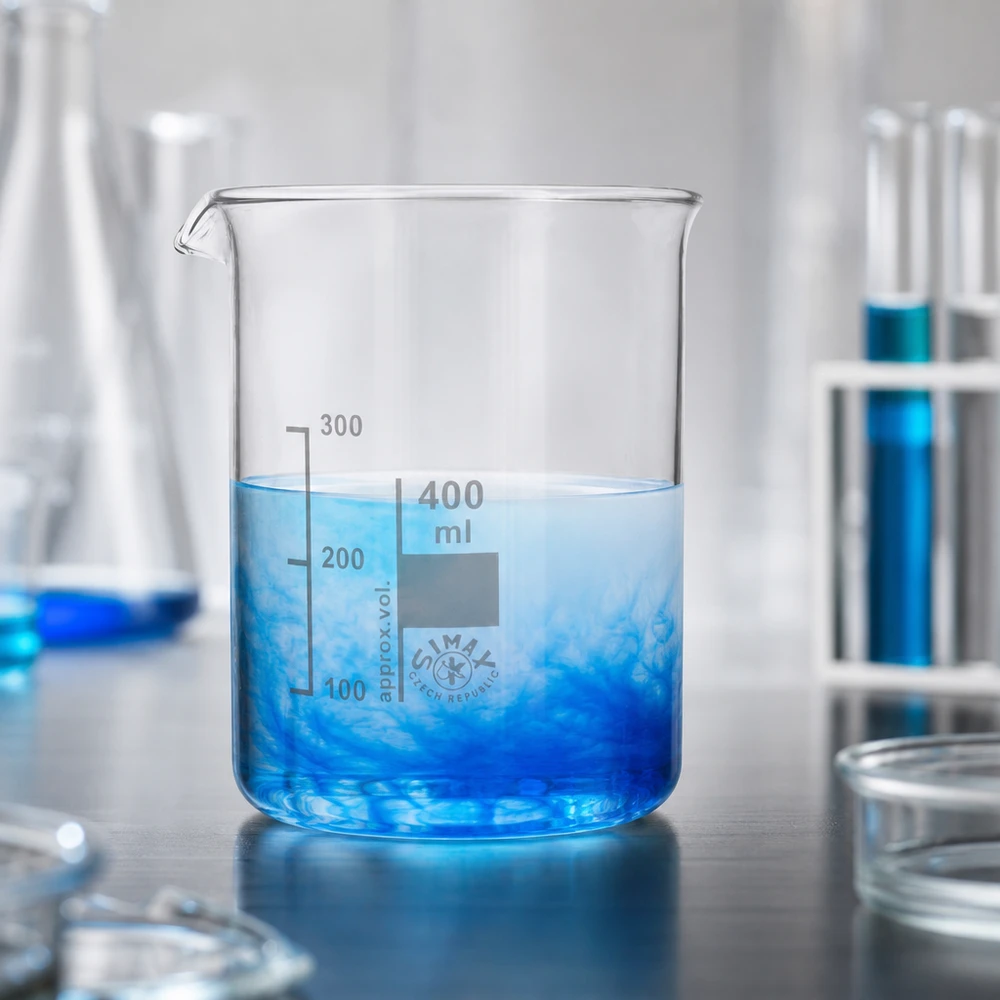 Vaso de precipitados 400ml de vidrio de borosilicato, forma baja Vaso de precipitados transparente de 400 ml con líquido azul y graduaciones en mililitros claramente visibles