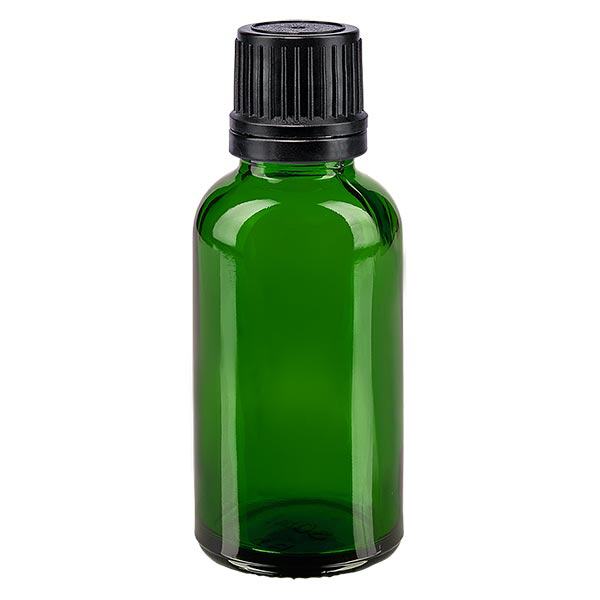 Botella de farmacia verde 30ml tapón rosca anillo vertedor negro cierre inviolable Botella de farmacia verde 30ml tapón rosca anillo vertedor negro cierre inviolable