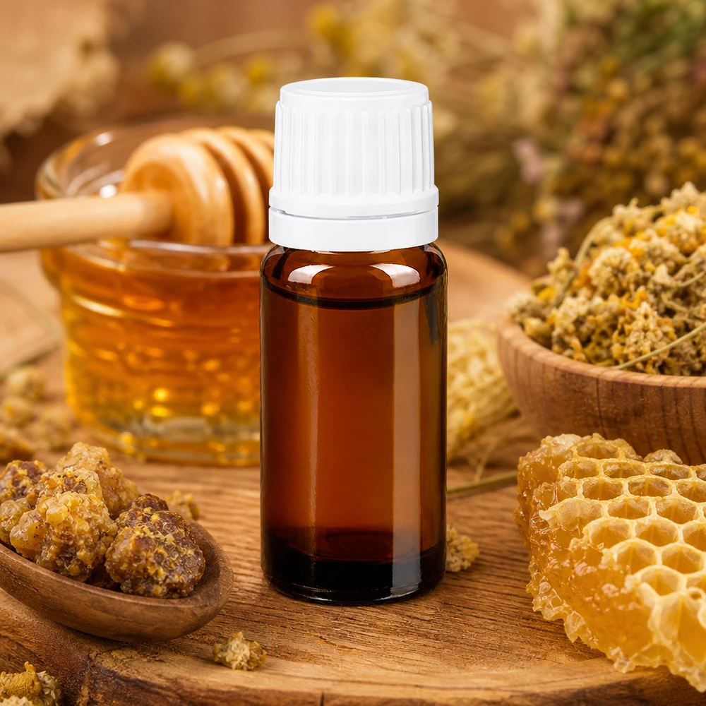 Botella de farmacia marrón 10ml tapón rosca cierre inviolable blanco Frasco de cristal marrón de 10 ml con tapón cuentagotas blanco, rodeado de panales de abeja, miel y hierbas