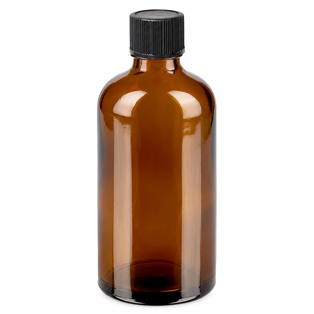 Frasco de vidrio ámbar de 100 ml con tapón cuentagotas negro para aceites esenciales y tinturas