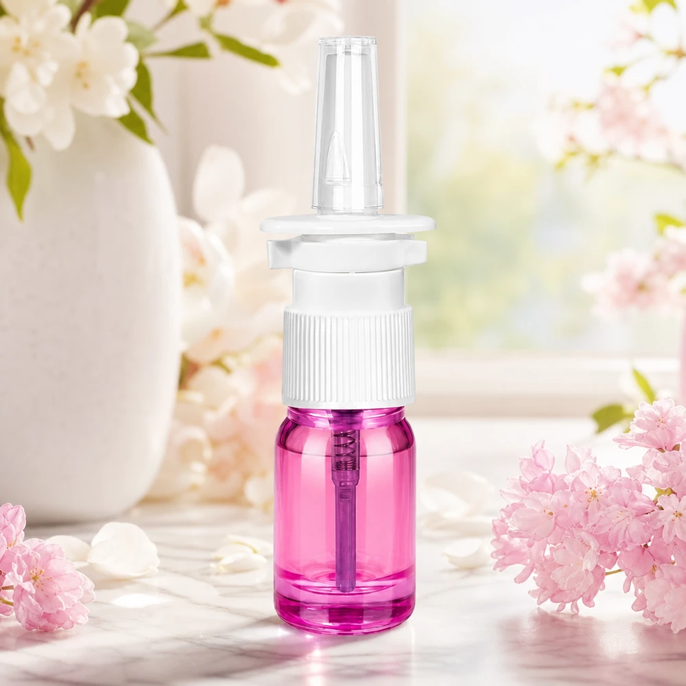Frasco pulverizador nasal de 5 ml blanco/transparente estándar PurpleLine UT18/5 Pulverizador nasal morado de 5 ml con rosca estándar UT18/5 para soluciones de pulverización médicas y cosméticas