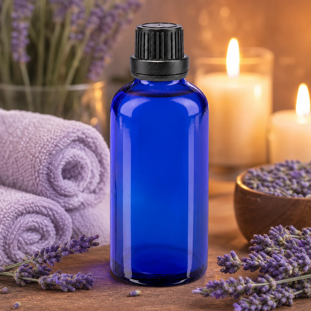 Botella de cristal azul de 50 ml con lavanda y velas en un ambiente relajante de spa