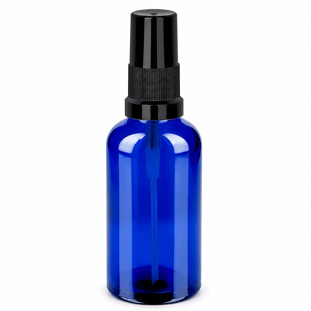 Frasco pulverizador de 50 ml negro con tapón estándar BlueLine UT18/50 Frasco pulverizador de cristal azul de 50 ml con atomizador negro para cosméticos y aceites esenciales