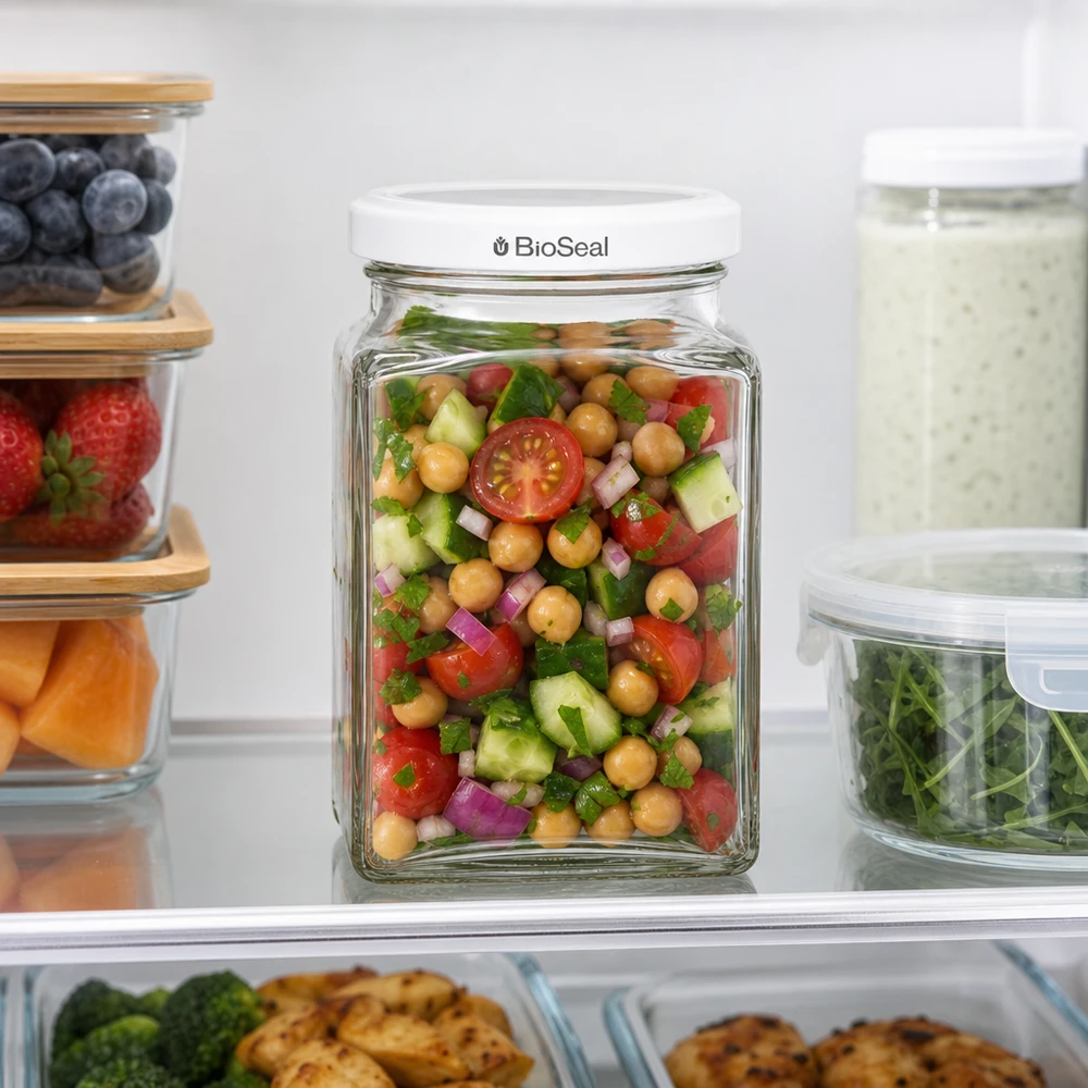 Tarro tetra 260ml + tapa BioSeal blanco UNiTWIST UNiTWIST Tetra260 Vorratsglas im Kühlschrank mit Kichererbsensalat weißer TO58 BioSeal Deckel frische Aufbewahrung