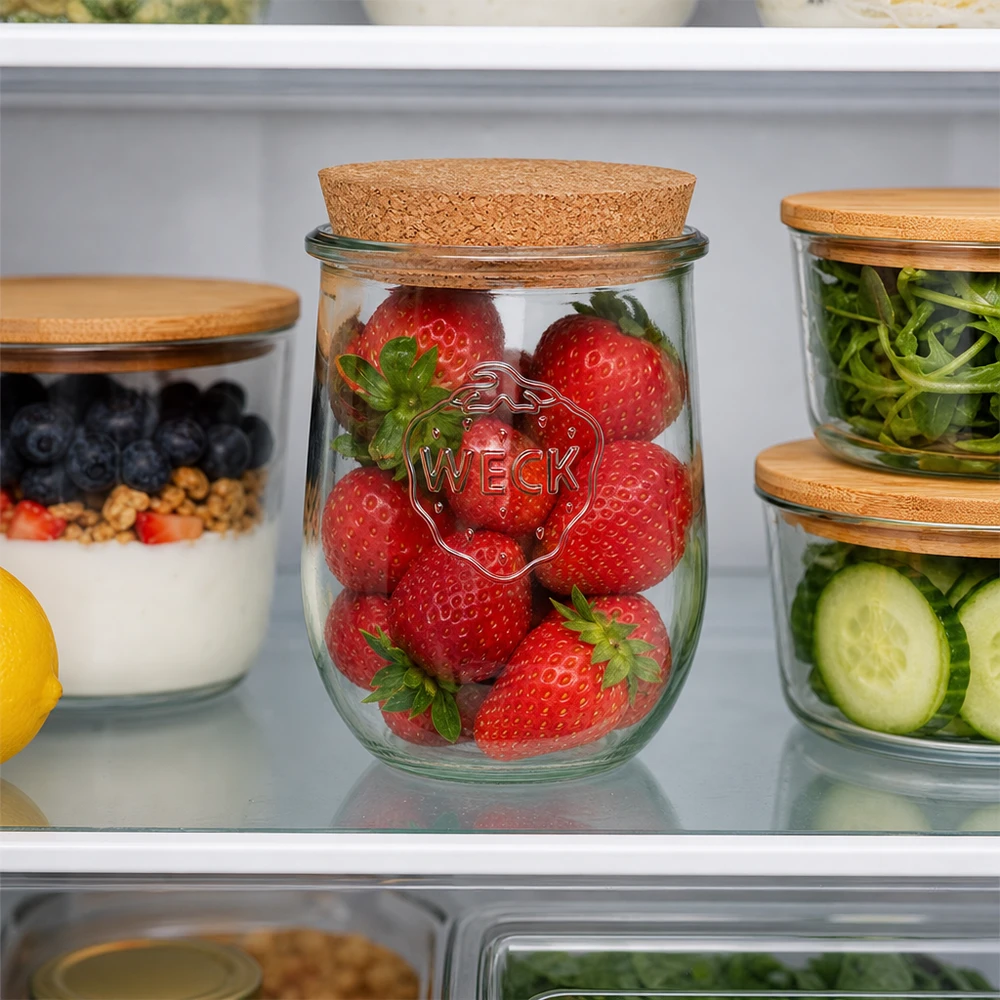 Tarro tulipán WECK 1062ml RR100 con tapa de corcho para guardar fresas frescas en la nevera Organización Meal Prep