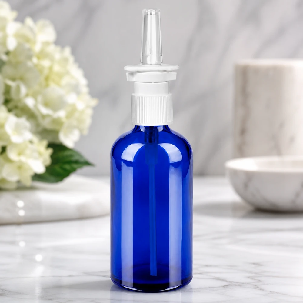 Frasco de spray nasal vacío de 100 ml, de vidrio azul, con atomizador blanco para autollenado