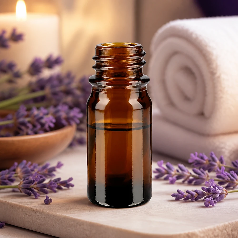 Frasco cuentagotas 5 ml DIN 18 de vidrio ámbar Frasco boticario ApoGlas marrón de 5 ml con lavanda y accesorios de spa para aromaterapia y aceites esenciales