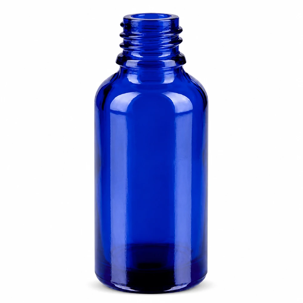 Frasco pequeño de vidrio de 30 ml en azul con cuello roscado de 11 mm para aceites esenciales y tinturas