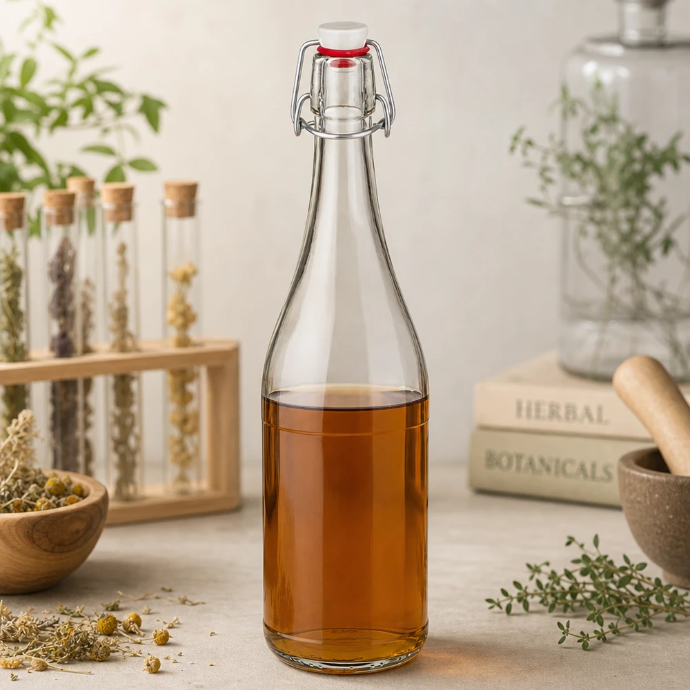 Botella de cristal de 750 ml con tapa abatible llena de té de hierbas medicinales botánicos naturaleza muerta ingredientes naturales