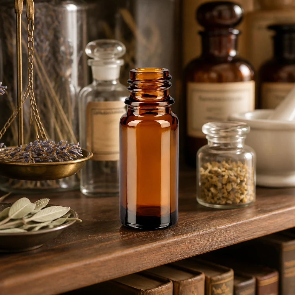 Frasco boticario marrón ApoGlas de 10 ml con balanzas de farmacia vintage y hierbas medicinales en un estante de madera