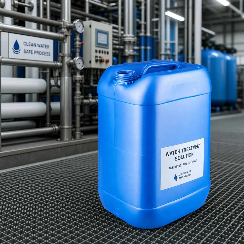 Bidón azul de 25 litros sin tapón en una planta de tratamiento de agua para productos químicos industriales