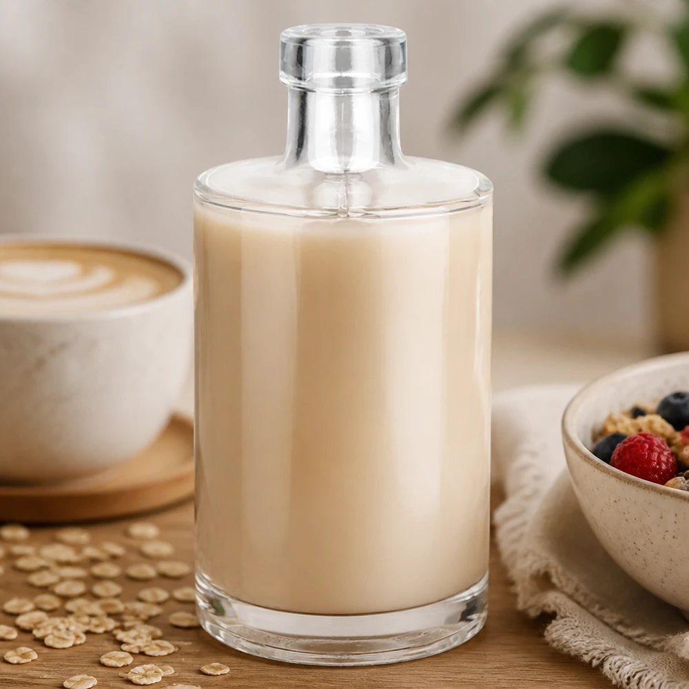 Botella de vidrio de 350 ml «Marie» sin tapón UNiTWIST® Botella de cristal de 350 ml Marie llena de cremosa leche de avena junto a taza de café y tazón de cereales Estilo de vida Imagen 3 de 10
