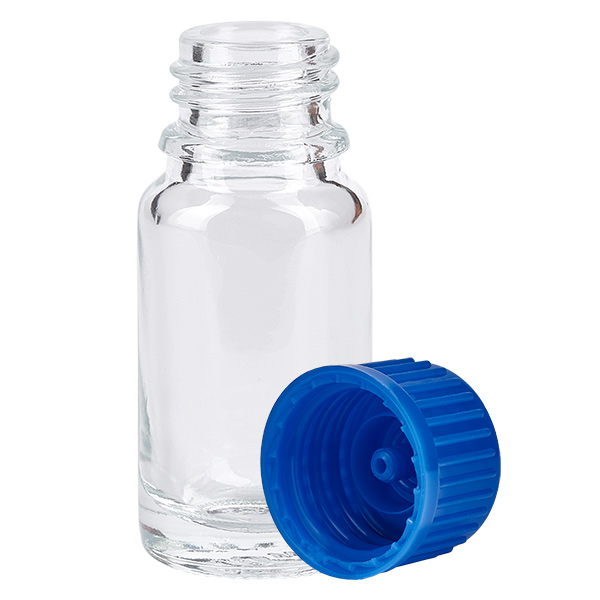 Botella 10ml tapón rosca 11mm azul estándar ClearLine UT18/10 Frasco de vidrio ClearLine de 10 ml, modelo UT18/10, con tapón cuentagotas azul y rosca de 11 mm, abierto