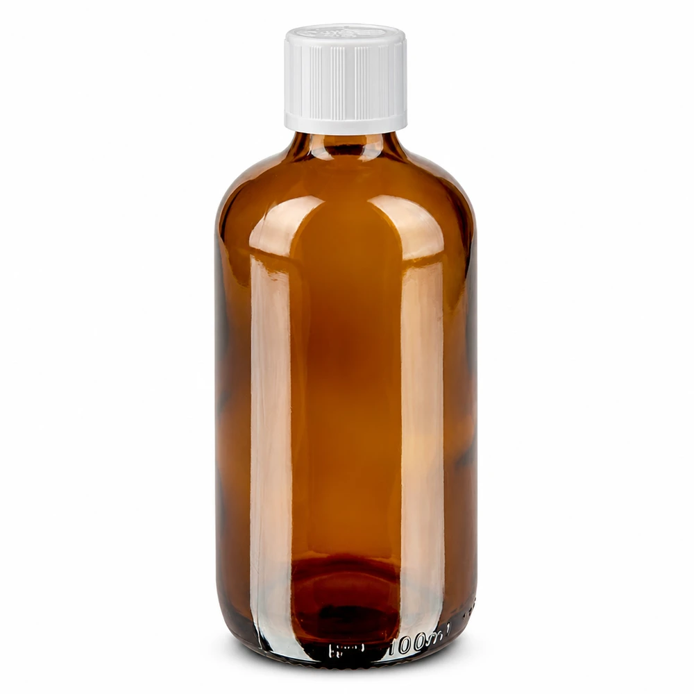 Frasco de farmacia de 100 ml de vidrio ámbar con tapón de seguridad para niños de color blanco