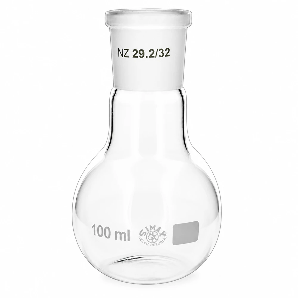 Matraz de fondo redondo 100ml con junta esmerilada NS 29/32 - material de vidrio transparente de laboratorio para destilación y síntesis