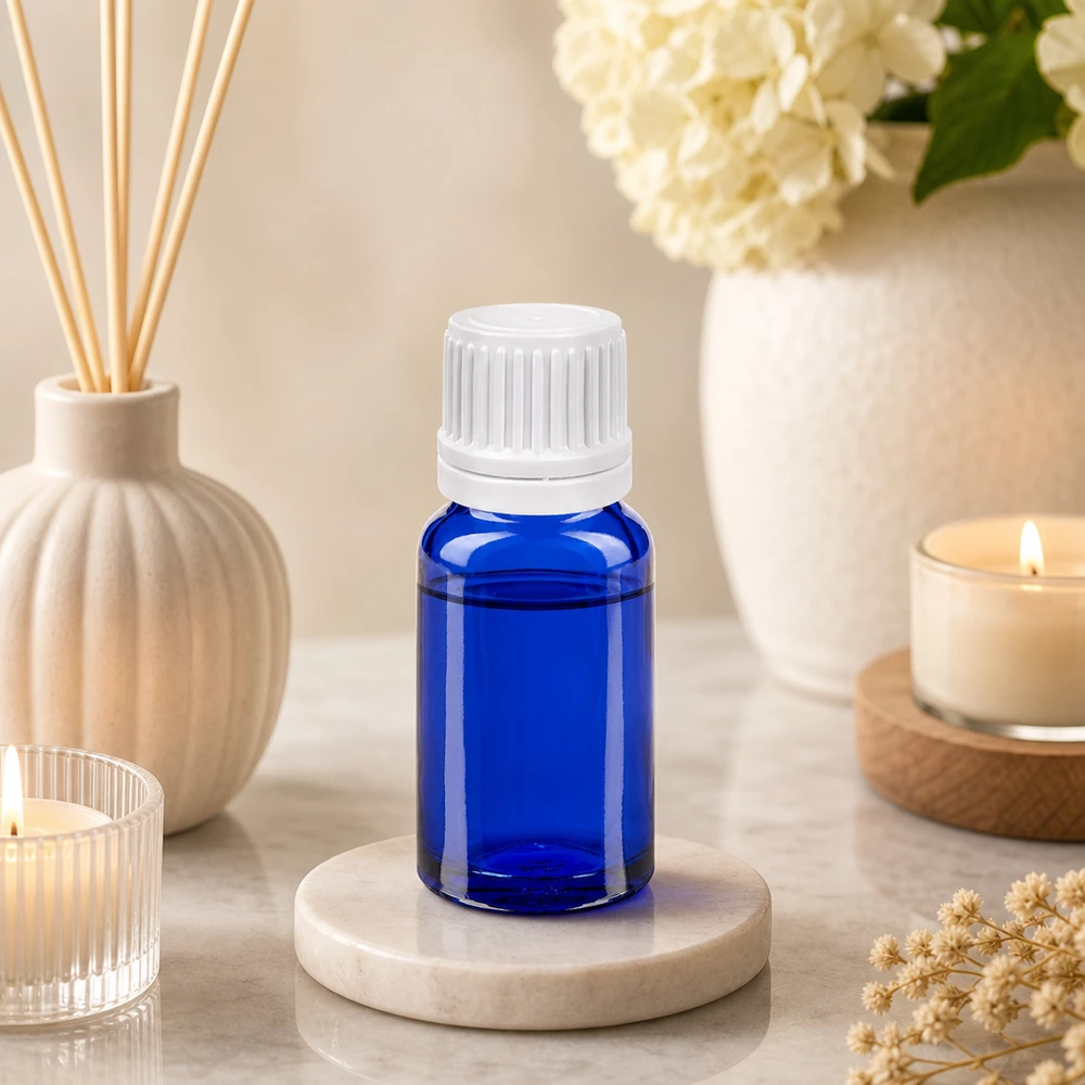 Frasco cuentagotas 10ml 0.7mm blanco cierre inviolable BlueLine UT18/10 Elegante frasco de vidrio azul cobalto de 10 ml con tapón a prueba de niños para un almacenamiento seguro