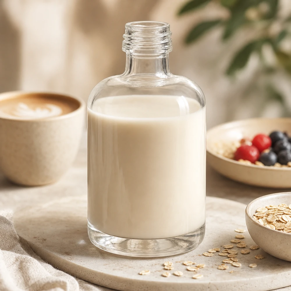 Botella de vidrio de 40 ml «Sara» sin tapón de rosca UNiTWIST® 40ml Glasflasche Sara mit cremiger Hafermilch befüllt in natürlicher Küchenszene mit Müsli und Kaffee ohne Verschluss