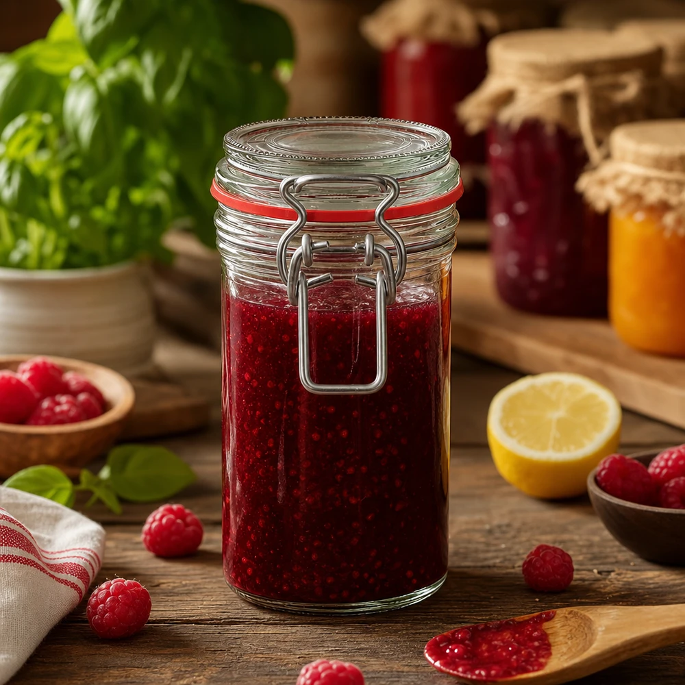 Tarro de 272 ml con tapa oscilante lleno de mermelada roja sobre una mesa de madera con frambuesas frescas y limón