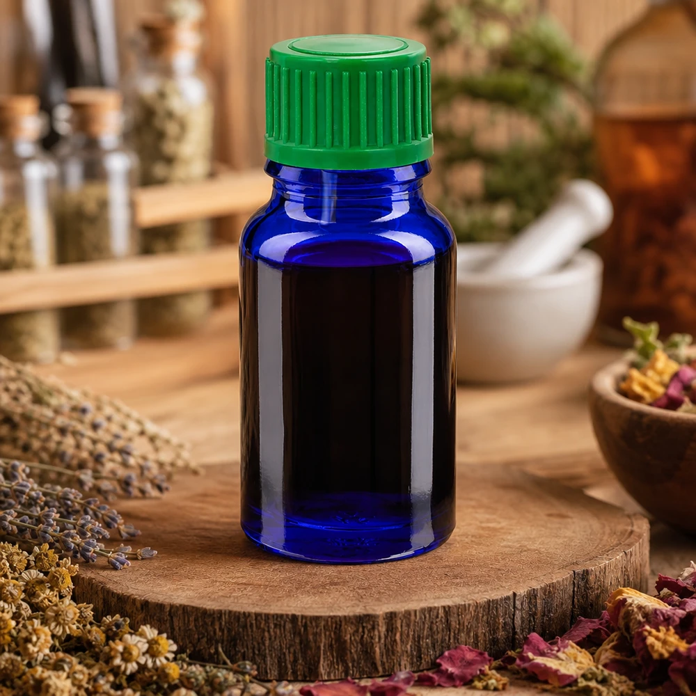 Frasco de vidrio azul de alta calidad de 10 ml con tapón cuentagotas verde para naturopatía