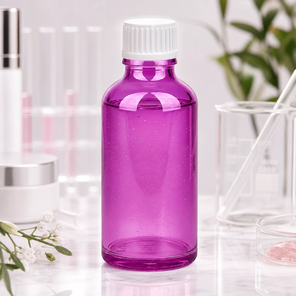 Frasco cuentagotas de 50 ml de color púrpura transparente con tapón de rosca blanco para cosmética y aromaterapia